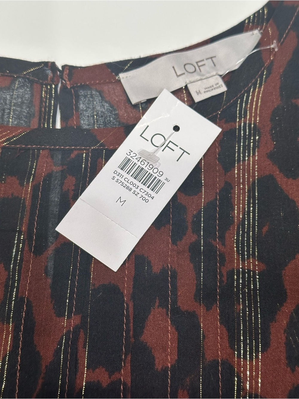 NEW, LOFT Cotton Blend Elbow Sleeve Blouse Ruffle Cheetah Brown, Black, Gold - Picture 2 of 13